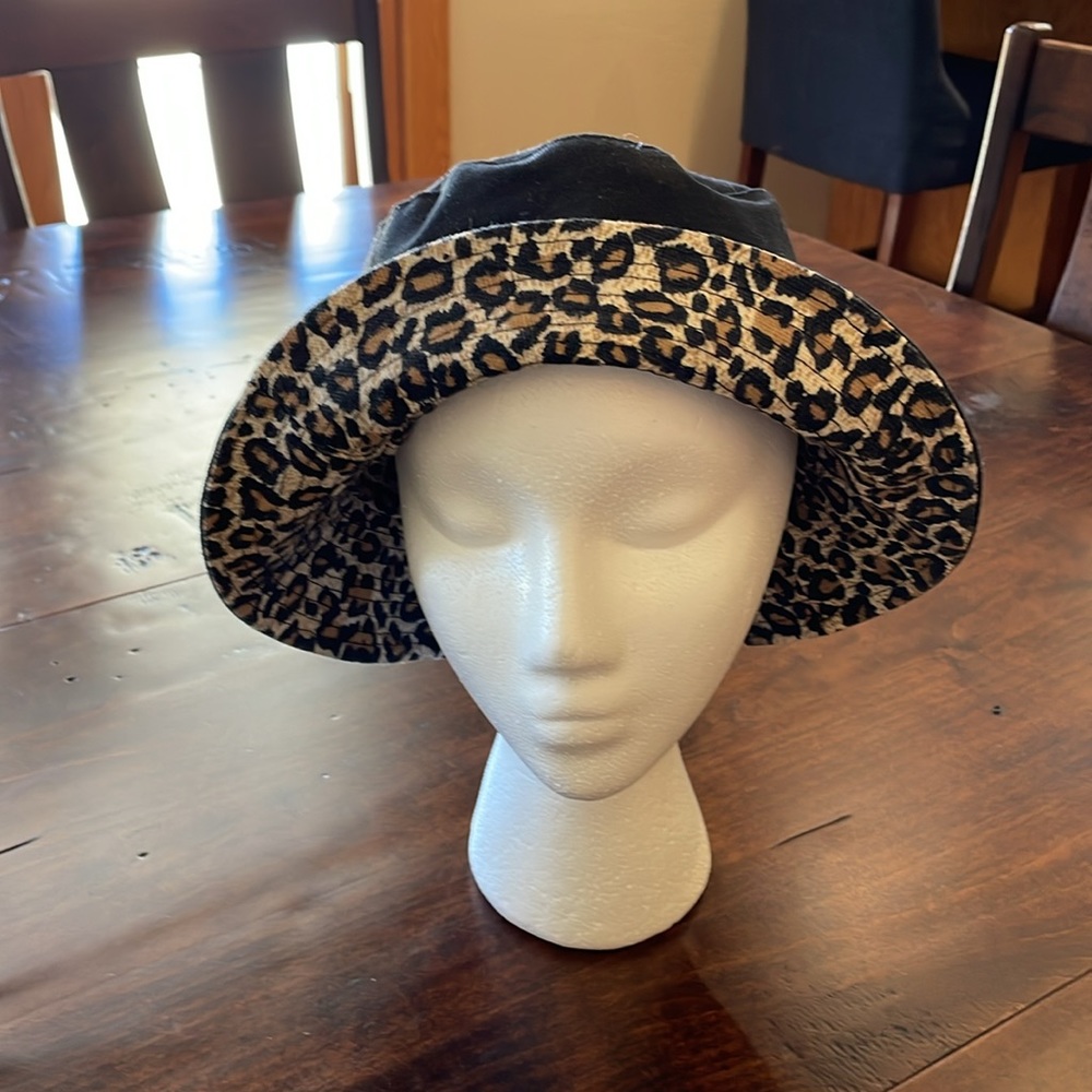 Bucket Hat, reversible black and leopard, one size fits most